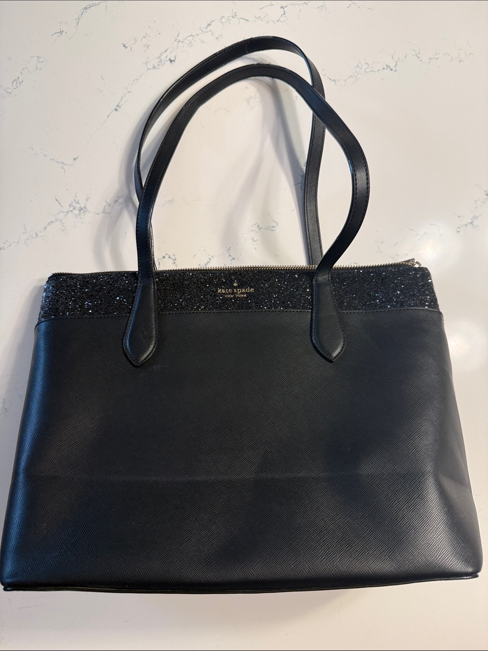 kate spade black tote with glitter top panel